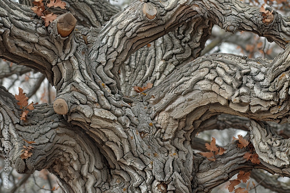 Closeup of the gnarled branches of a majestic ancient oak tree in a mystical forest setting Closeup of the gnarled branches of a majestic ancient oak tree in a mystical forest setting