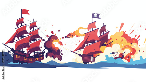 Pirate ship during battle in sea or ocean. Cartoon Vector