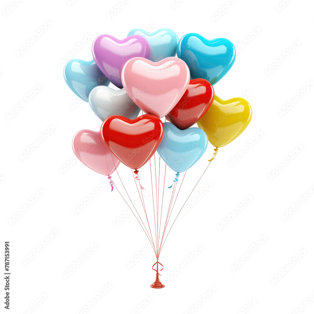 3D love shaped balloon with vibrant colors against transparent background. Birthday love Balloons with  rope 
