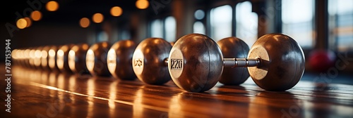 A row of colourful cast iron dumbbells of various sizes and weights sit neatly arranged on a wooden floor.