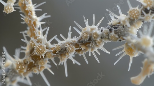 A closeup view of a single fungal hyphae revealing its spiky texture and the branching patterns it has formed.