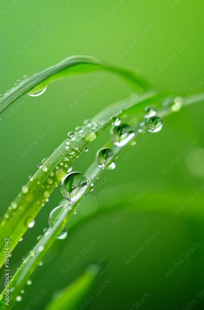 Fototapeta premium The grain rain, the green grass and dew in the fields, the dim background of spring