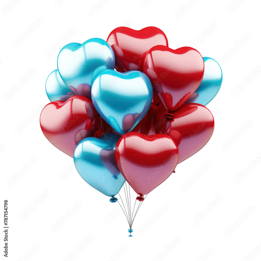 3D love shaped balloon with vibrant colors against transparent background. Birthday love Balloons with  rope 