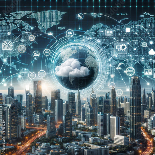 cloud computing and digital data transfer with computing networked across cities country and globe with virtualization approach created with generative ai	