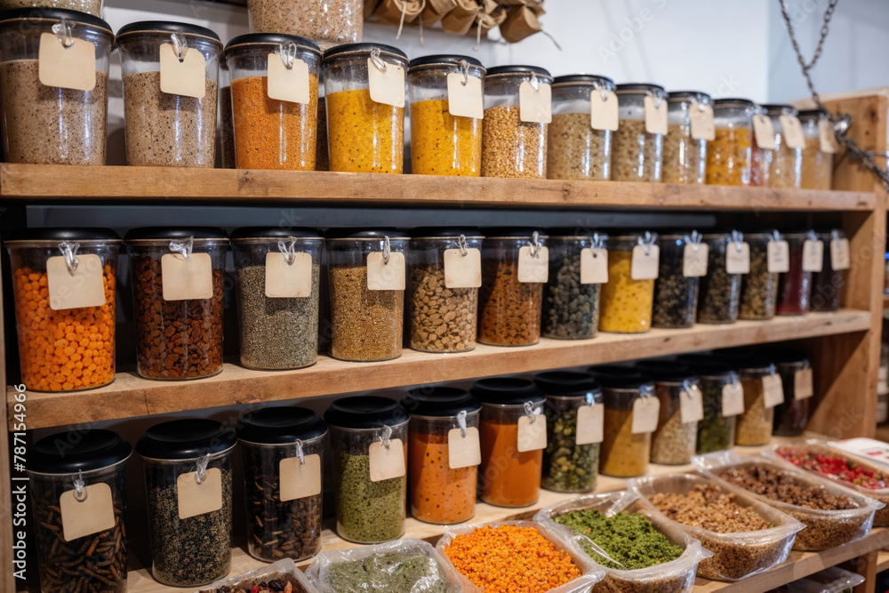 Variety of grains and spices in a bulk food store Generative AI image Variety of grains and spices in a bulk food store Generative AI image