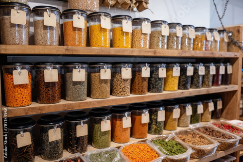 Variety of grains and spices in a bulk food store Generative AI image photo