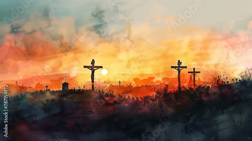 Crosses for Crucifixion on the hill at Golgotha. Digital art. v3 photo