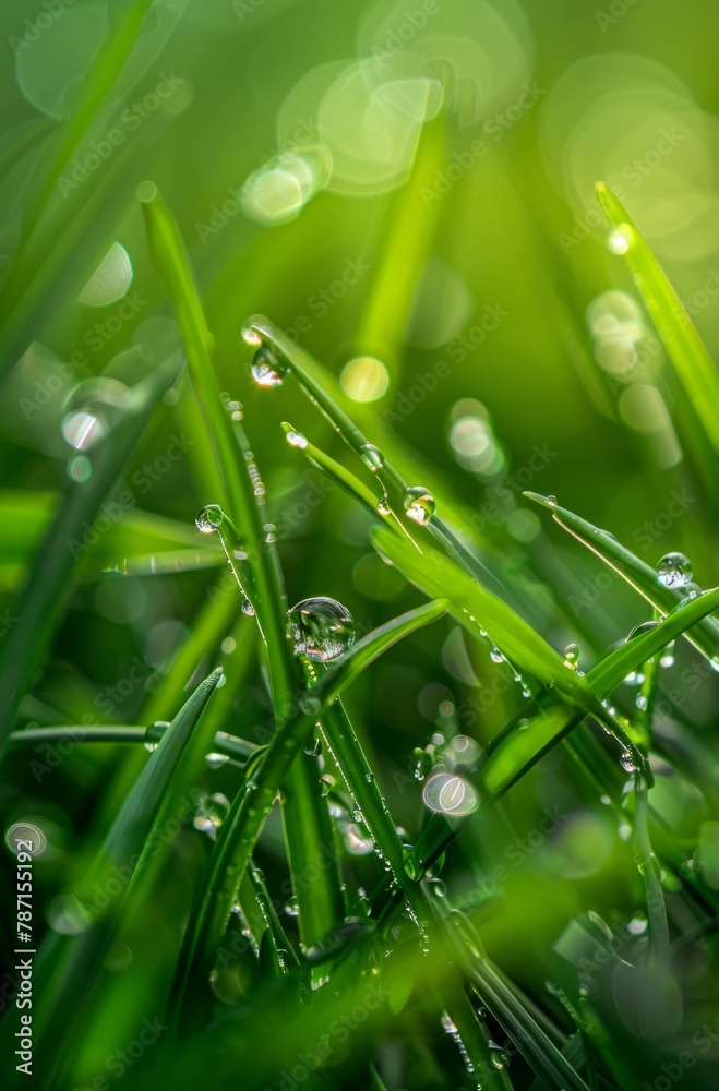 Fototapeta premium The grain rain, the green grass and dew in the fields, the dim background of spring