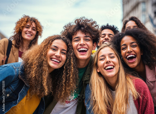 Joyful Group of Young Friends Laughing Together Outdoors Generative AI image