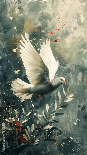 Dove of peace with an olive branch. Digital Art. v4