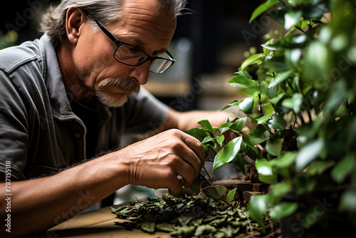 Senior man carefully pruning bonsai tree indoors Generative AI image photo