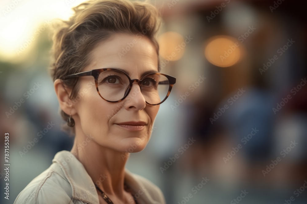 Generative AI illustration of elegant mature woman with glasses looking thoughtfully into the distance Generative AI illustration of elegant mature woman with glasses looking thoughtfully into the distance