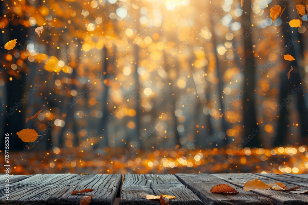 Wooden table with autumn leaves in forest - obrazy, fototapety, plakaty 