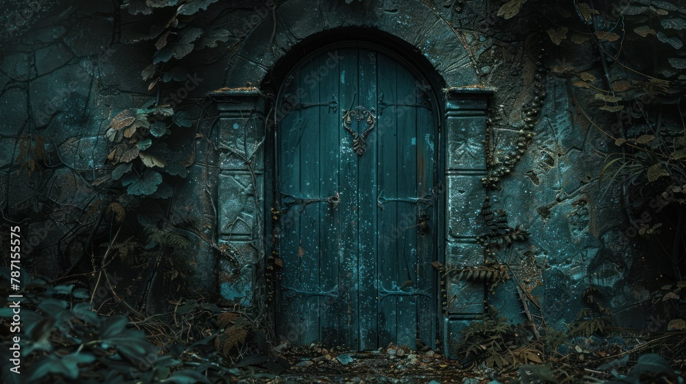 Fototapeta premium The door is dark, magical, mysterious, fantastic, and filled with sadness.