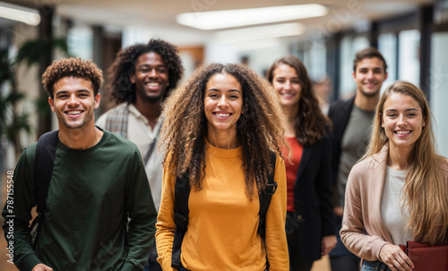 Diverse group of smiling students in a corridor Generative AI image