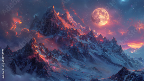 The moon rises above the towering peaks, illuminating the silent mountains. 