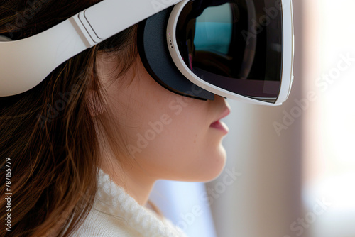 Close-up of a young woman wearing a modern VR headset, exploring virtual environments or playing immersive video games Generative AI image