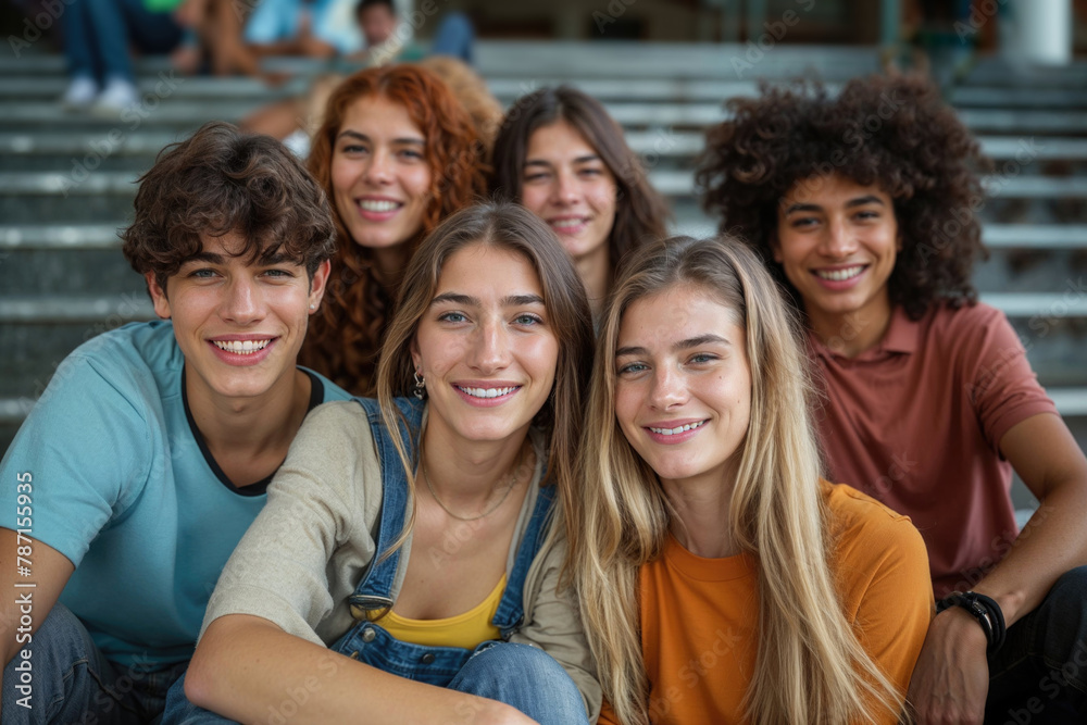 Multicultural group of friends smiling together on steps Generative AI image Multicultural group of friends smiling together on steps Generative AI image