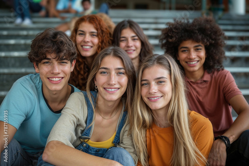 Multicultural group of friends smiling together on steps Generative AI image