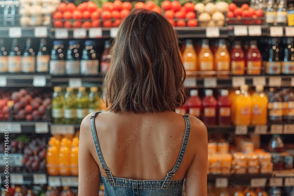 Woman browsing through juice selection at supermarket Generative AI image