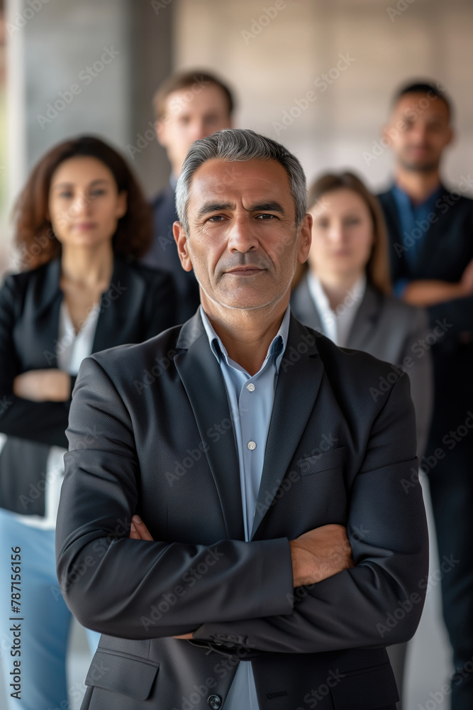 Generative AI illustration of senior businessman with arms crossed stands confidently in front of a diverse team Generative AI illustration of senior businessman with arms crossed stands confidently in front of a diverse team