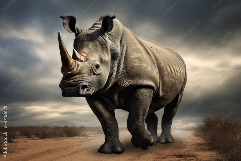 Fototapeta premium AI Generated Image of solitary rhinoceros stands prominently on a dusty trail with a dramatic cloudy sky overhead, showcasing its textured skin and powerful form