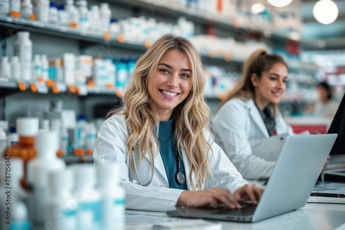 Female pharmacist working with laptop in pharmacy Generative AI image