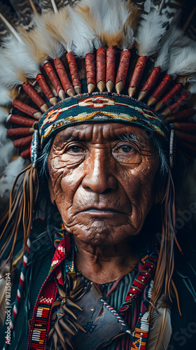a close up of a man wearing a native american headdress