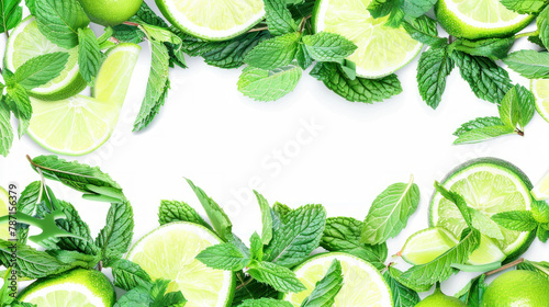 Flat lay template  frame with peppermint and limes on white background  Mojito cocktail concept
