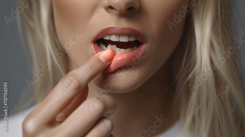 Woman showing inflamed gum on grey background closeup photo