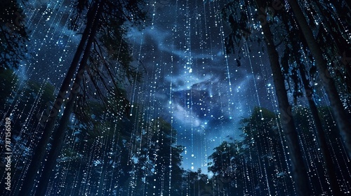 combination of nature and the world of technology. Night sky with stars falling like Matrix-style programming code 