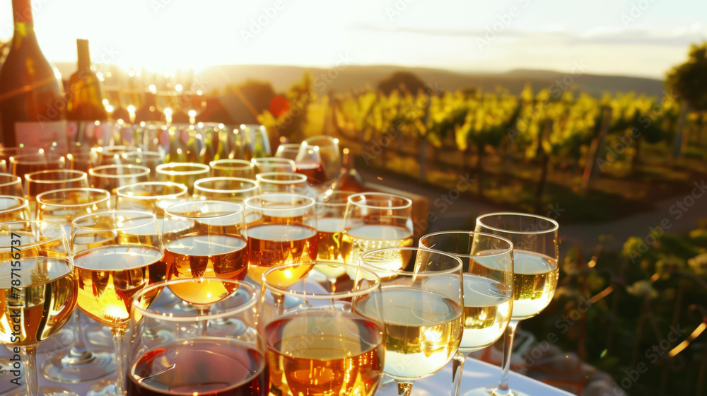 Glasses of wine prepared for professional tasting on summer restaurant terrace - obrazy, fototapety, plakaty 