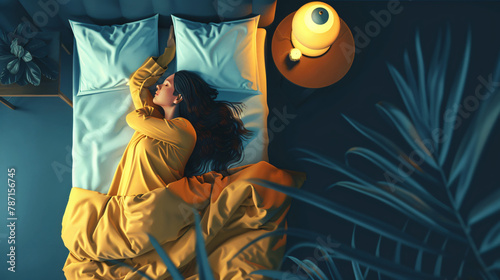 Woman sleeping in bed at night above view. 