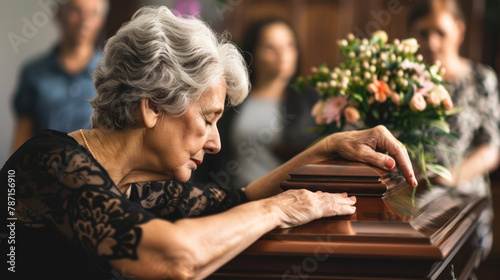 Grandmother grieving near the coffin, funeral scene