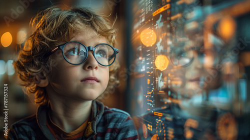 A young child with glasses is captivated by glowing futuristic computer graphics, reflecting curiosity and the joy of learning.