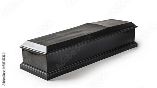 Black wooden coffin on white background photo