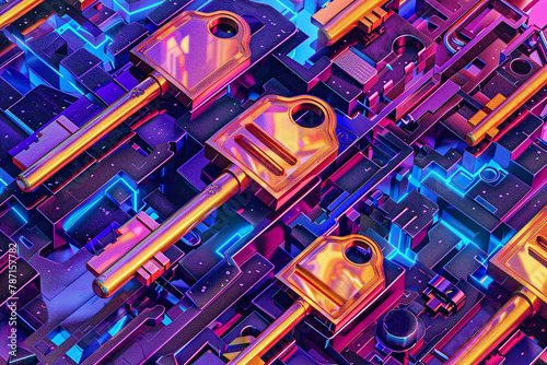 Cryptographic keys depicted in a pop art aesthetic, decrypting, amidst vibrant digital backdrops.