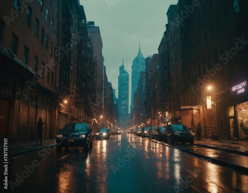 Wet Urban Road at Dusk with Dimming City Lights