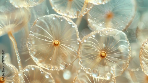 A closeup view of delicate fungal spores resembling tiny dandelion seeds captured in stunning detail under a microscope.