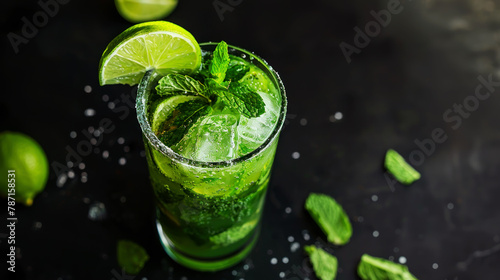 Mojito cocktail, mixed drink with mint and lime, dark background, studio shot