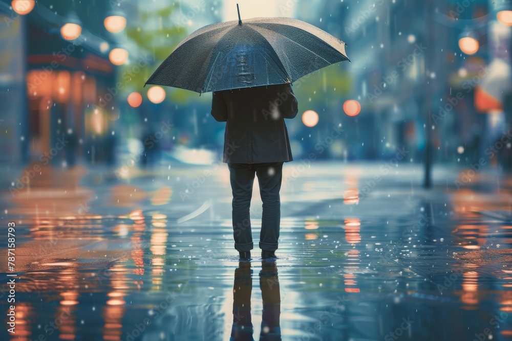 A man standing in the rain, holding an umbrella to shield himself from the downpour.