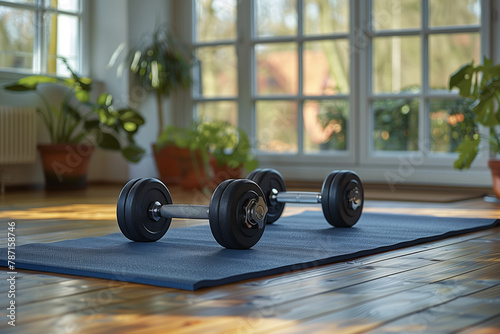 Dumbbells ready for a workout in a sunny room