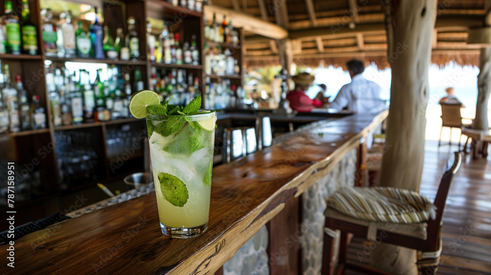 Mojito cocktail on bar counter, seaside resort