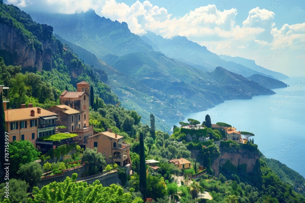 A quaint village sits precariously on a cliff, offering breathtaking views of the ocean below.