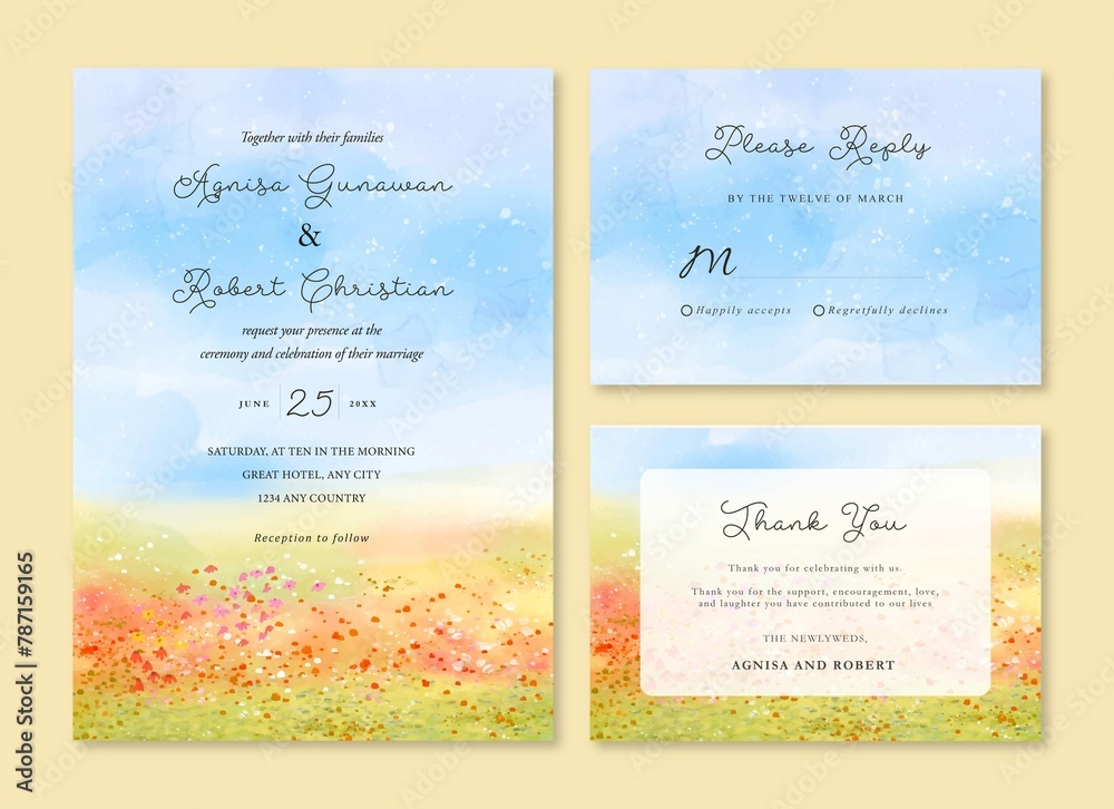 9 Soft Romantic Floral Field Landscape Watercolor Wedding Invitation Template