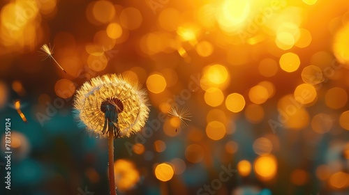 Macro photo of dandelion blowball against blurred bokeh light golden hour background photo
