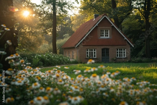 A charming house sits peacefully in the middle of a field surrounded by vibrant daisies under a clear blue sky.