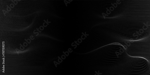 Flowing dots particles wave pattern 3D curve halftone black curve shape isolated on transparent background.