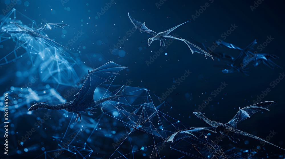 Abstract flying dragons on a dark blue background Technological background for design on the topic of artificial intelligence neural networks big data Copy space : Generative AI