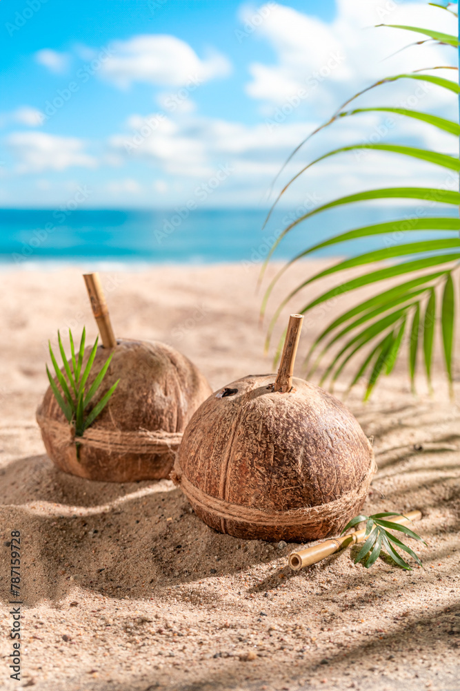 Healthy and fresh coconut milk in shell on exotic island. Healthy and fresh coconut milk in shell on exotic island.